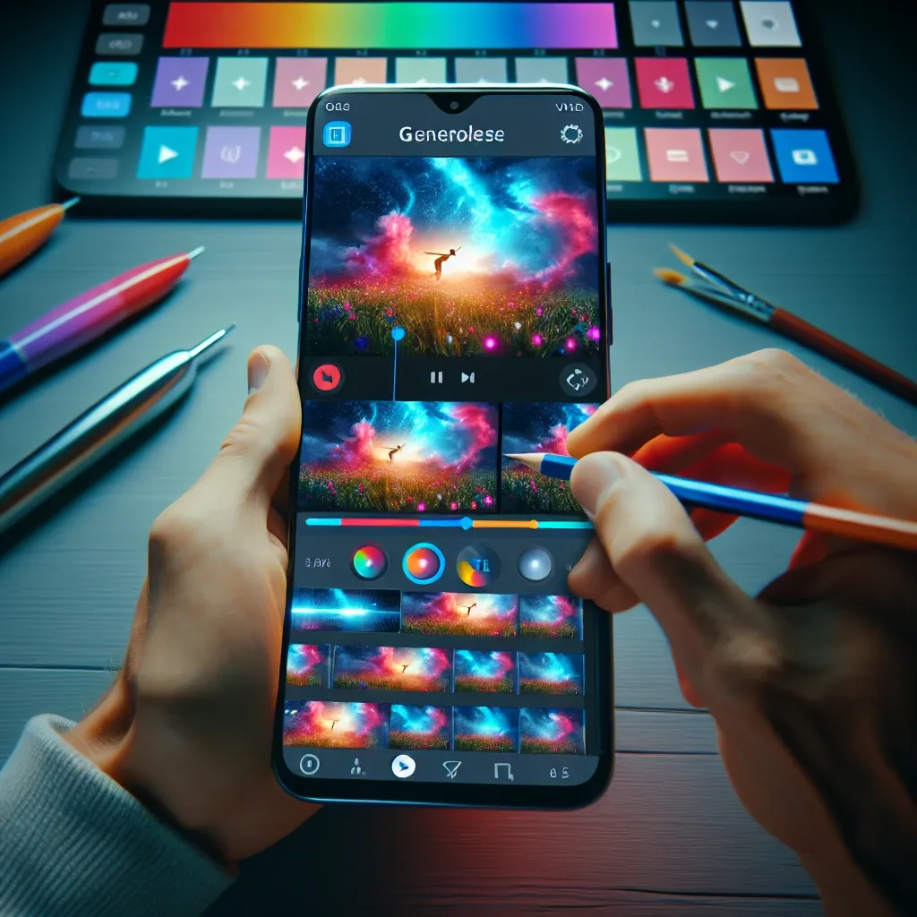 "Person using CapCut app on a smartphone to enhance YouTube video with stunning effects, showcasing colorful filters and transitions on the screen."